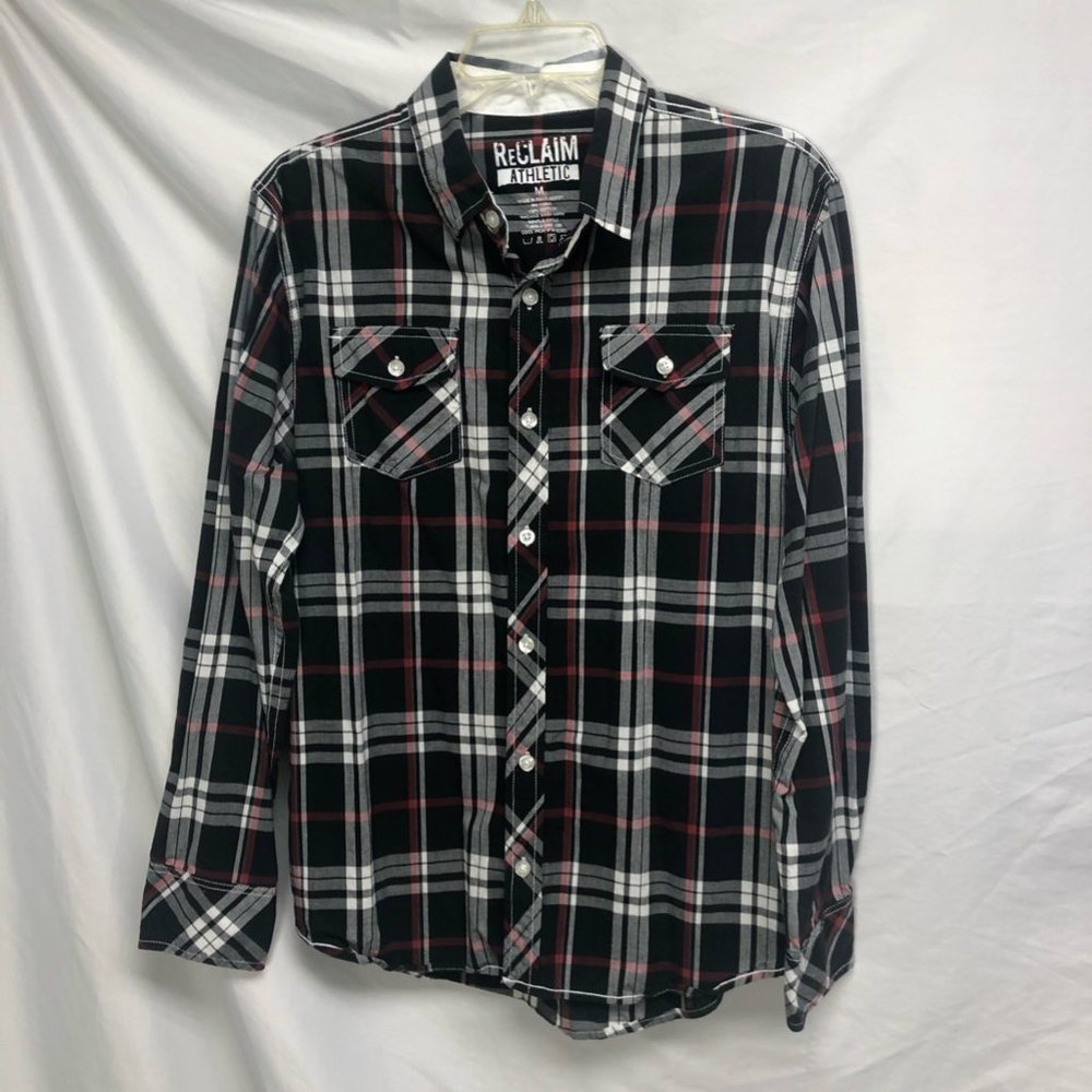 Reclaim Mens Button Front Shirt Black White Plaid Long Sleeve Pockets Cotton M
